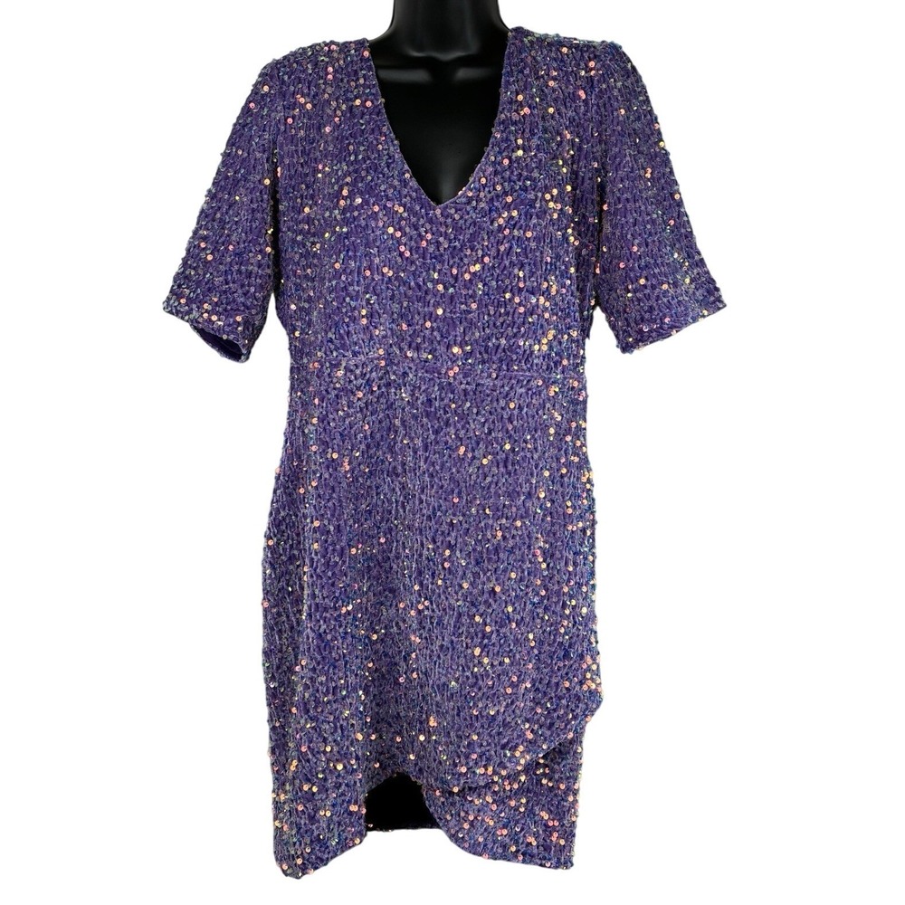 Betsey Johnson Y2K Velour Sequin Vintage Purple Party Cocktail Mini Dress Size L